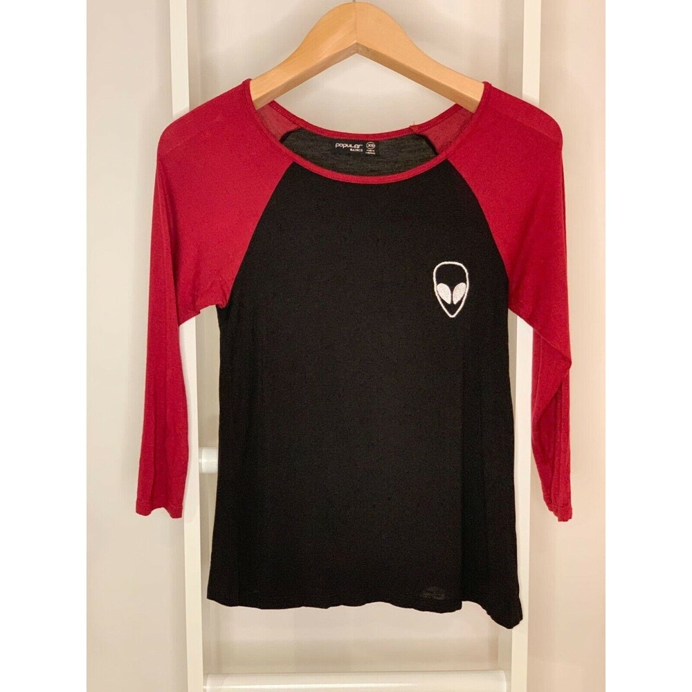 Popular Basics Shirt Womens XS Black Red Alien Jersey Raglan Style 3/4 Sleeve